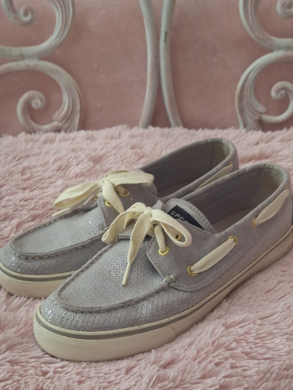 Sperry Silver Sequin Boat Shoes with Cream Laces Size 9